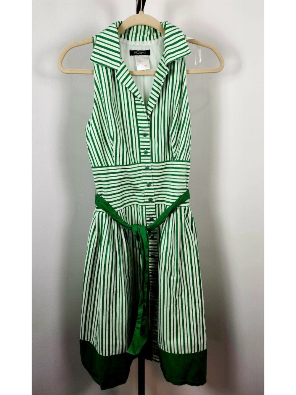 PS Style Halter Green and White Striped Button Up Sundress-SZ 6